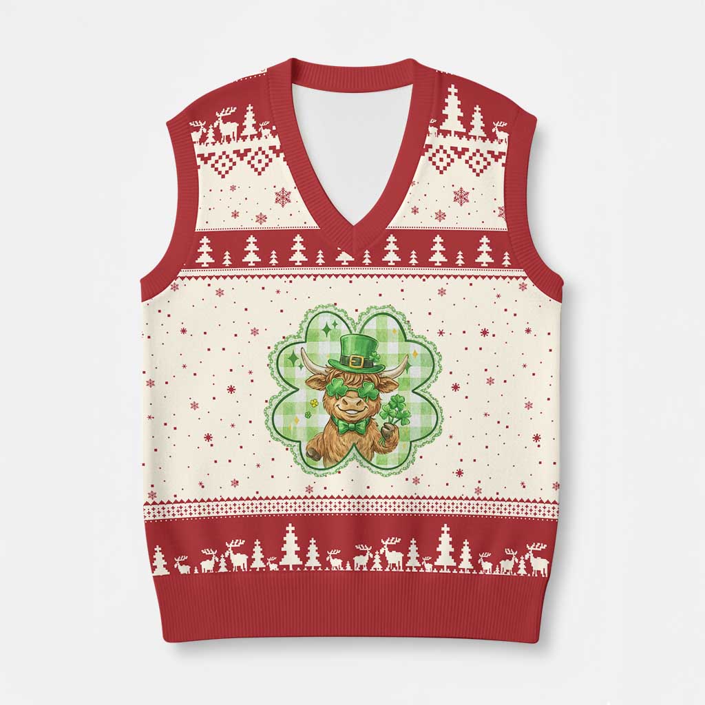 Funny Irish Highland Cow Shamrock Holiday Gift V-Neck Knit Sweater Vest TS12 Beige Red Print Your Wear