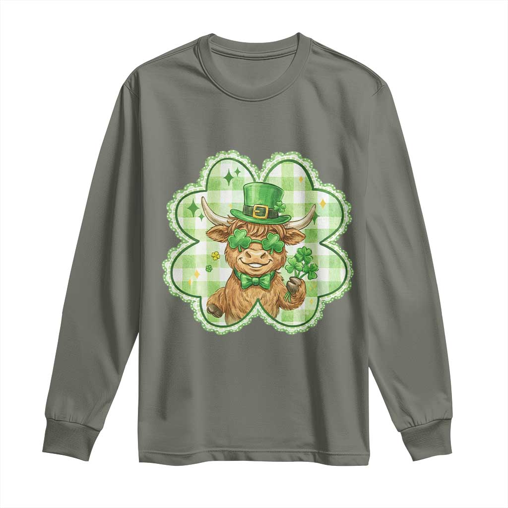 Funny Irish Highland Cow Shamrock Holiday Gift Long Sleeve Shirt TS12 Military Green Print Your Wear