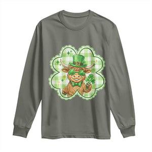 Funny Irish Highland Cow Shamrock Holiday Gift Long Sleeve Shirt TS12 Military Green Print Your Wear