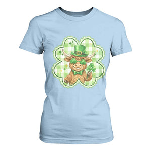 Funny Irish Highland Cow Shamrock Holiday Gift T Shirt For Women TS12 Light Blue Print Your Wear