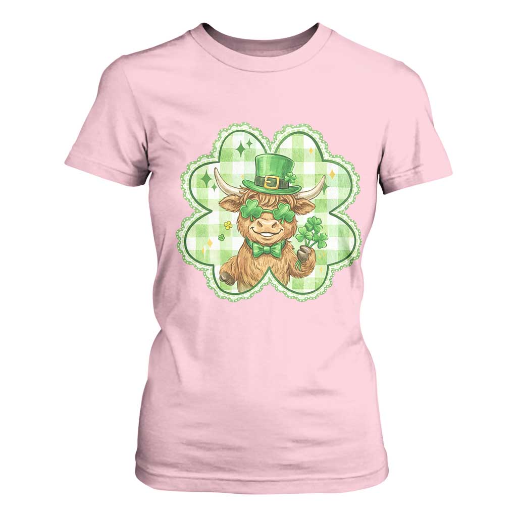 Funny Irish Highland Cow Shamrock Holiday Gift T Shirt For Women TS12 Light Pink Print Your Wear