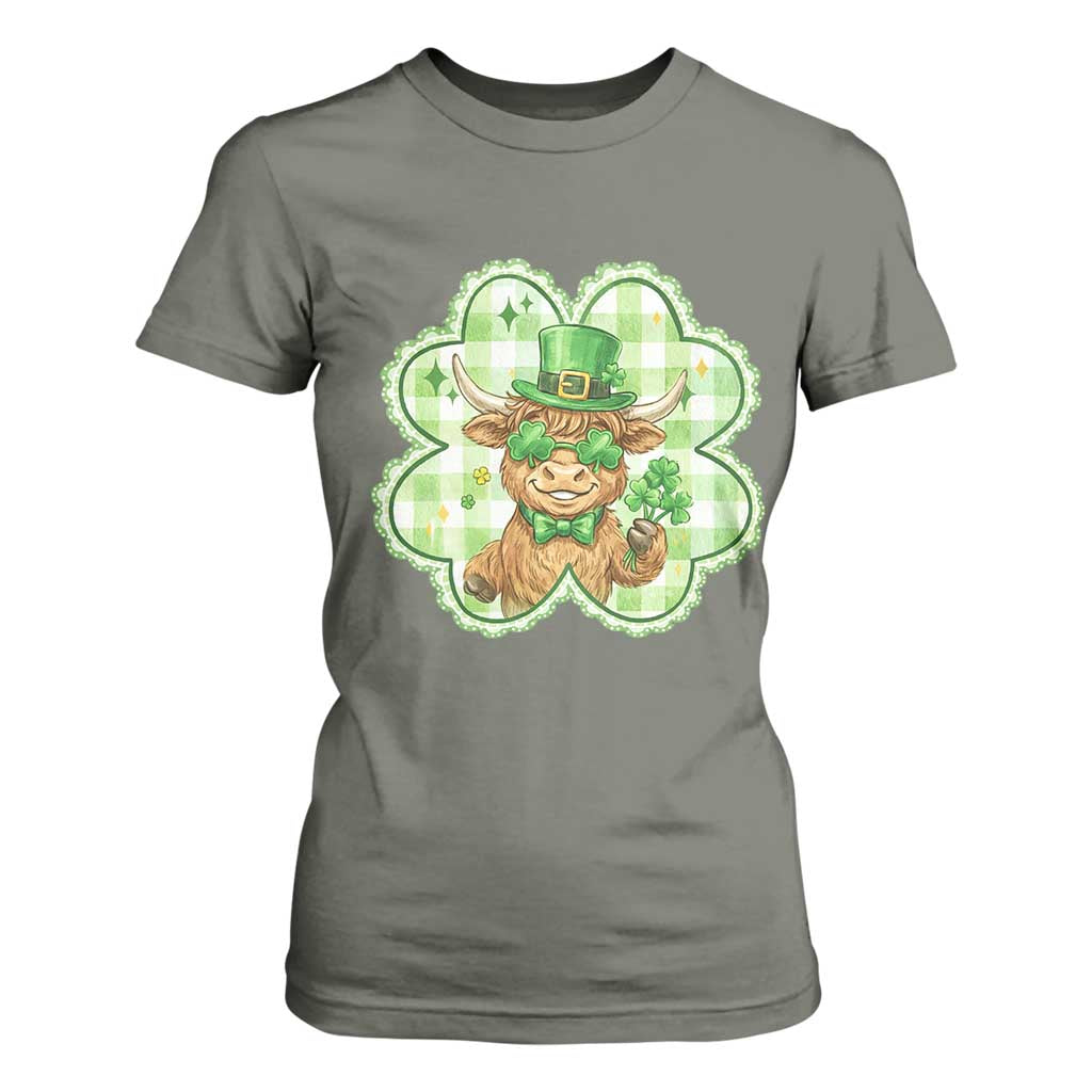 Funny Irish Highland Cow Shamrock Holiday Gift T Shirt For Women TS12 Military Green Print Your Wear