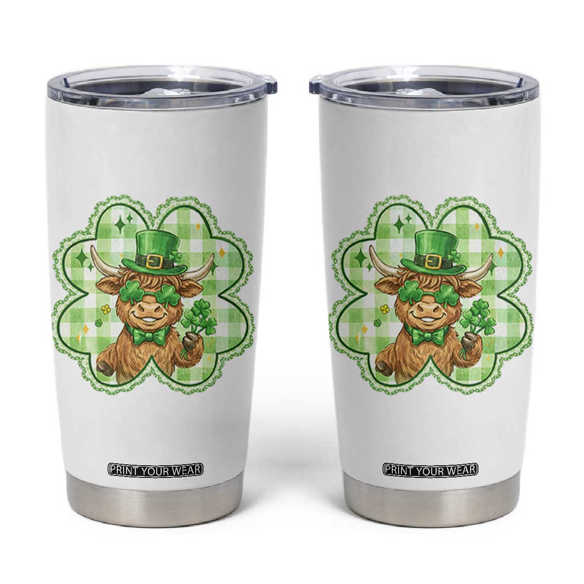 Funny Irish Highland Cow Shamrock Holiday Gift Tumbler Cup TS12 White Print Your Wear
