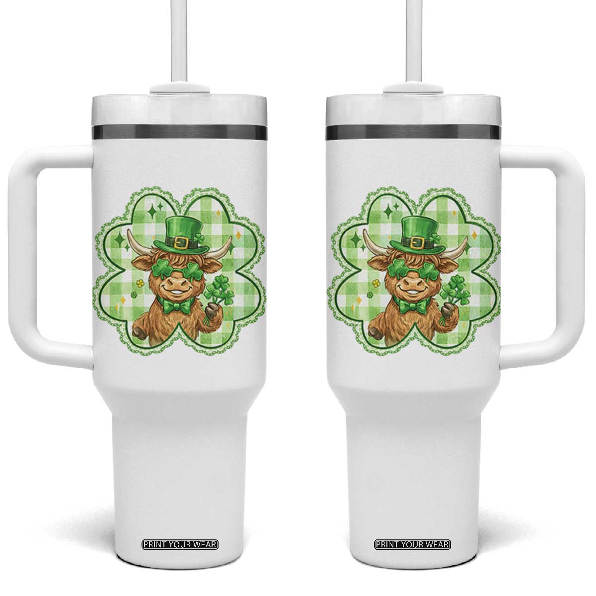 Funny Irish Highland Cow Shamrock Holiday Gift Tumbler With Handle TS12 One Size: 40 oz White Print Your Wear