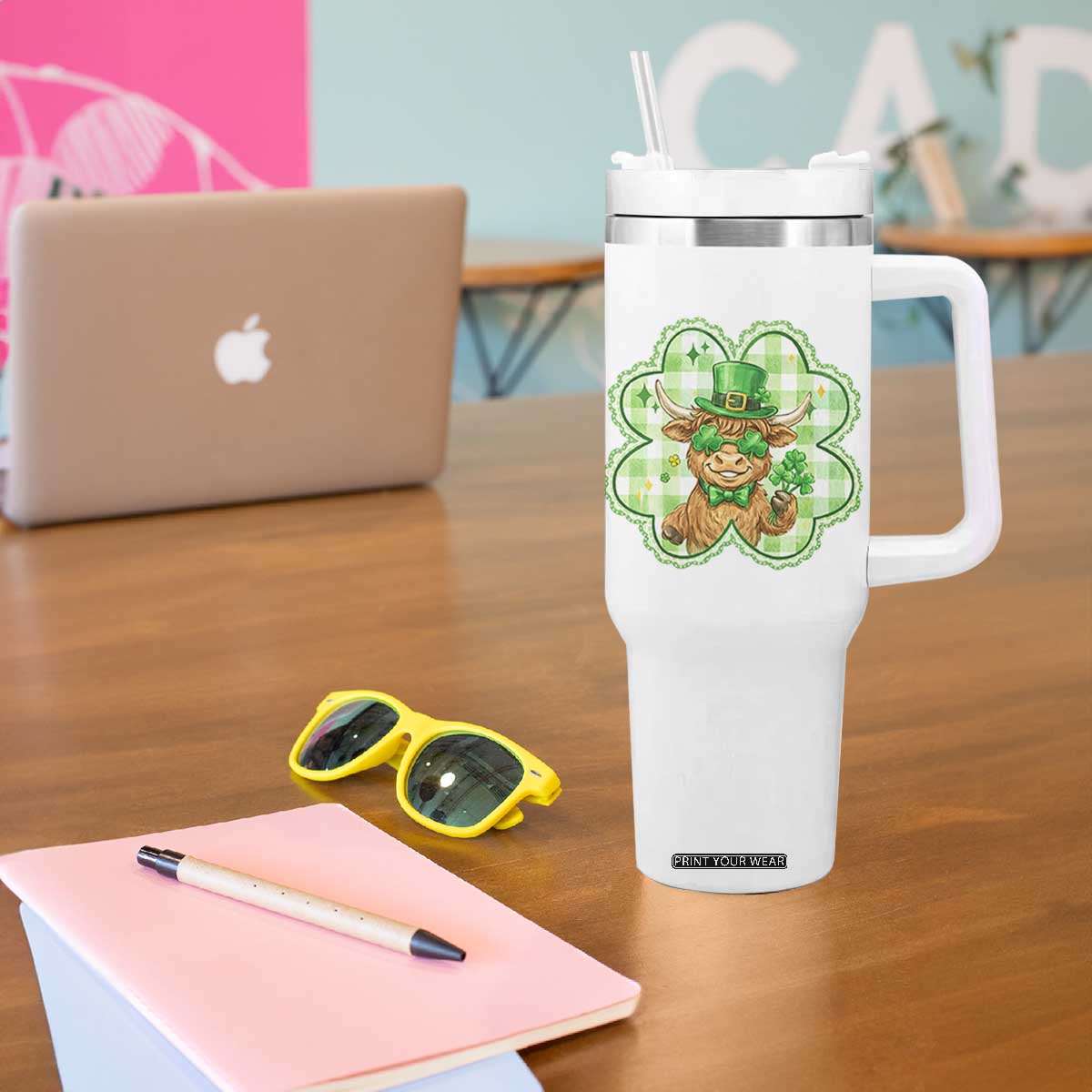 Funny Irish Highland Cow Shamrock Holiday Gift Tumbler With Handle TS12 Print Your Wear