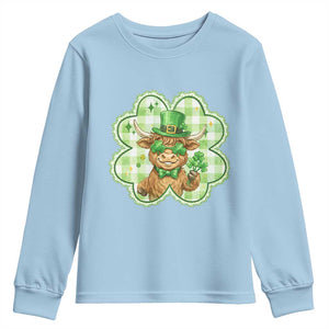 Funny Irish Highland Cow Shamrock Holiday Gift Youth Sweatshirt TS12 Light Blue Print Your Wear