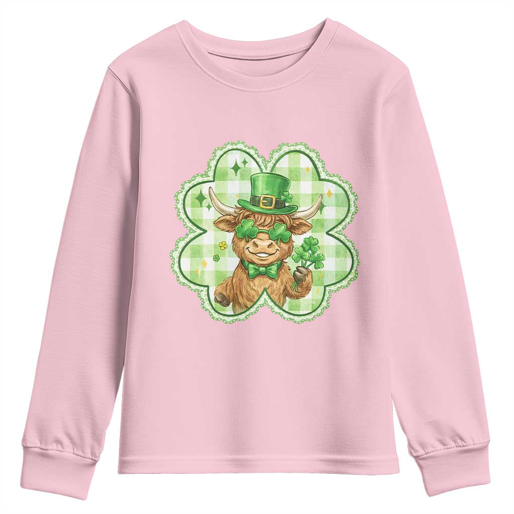 Funny Irish Highland Cow Shamrock Holiday Gift Youth Sweatshirt TS12 Light Pink Print Your Wear