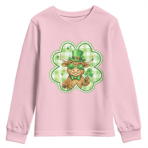 Funny Irish Highland Cow Shamrock Holiday Gift Youth Sweatshirt TS12 Light Pink Print Your Wear