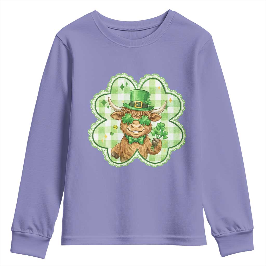 Funny Irish Highland Cow Shamrock Holiday Gift Youth Sweatshirt TS12 Violet Print Your Wear