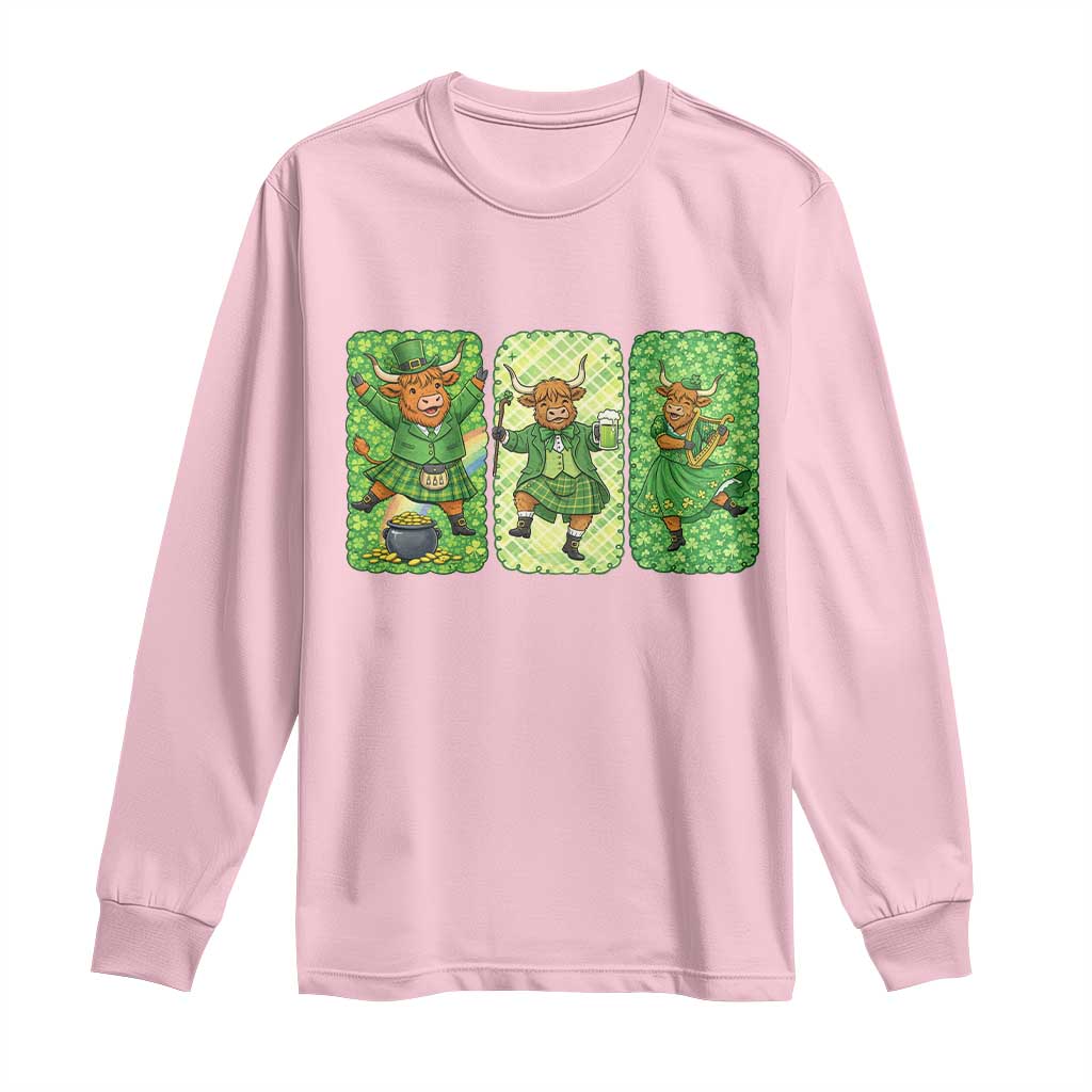 Vintage Highland Cow St Patricks Day Long Sleeve Shirt Farm Lover Gift TS12 Light Pink Print Your Wear