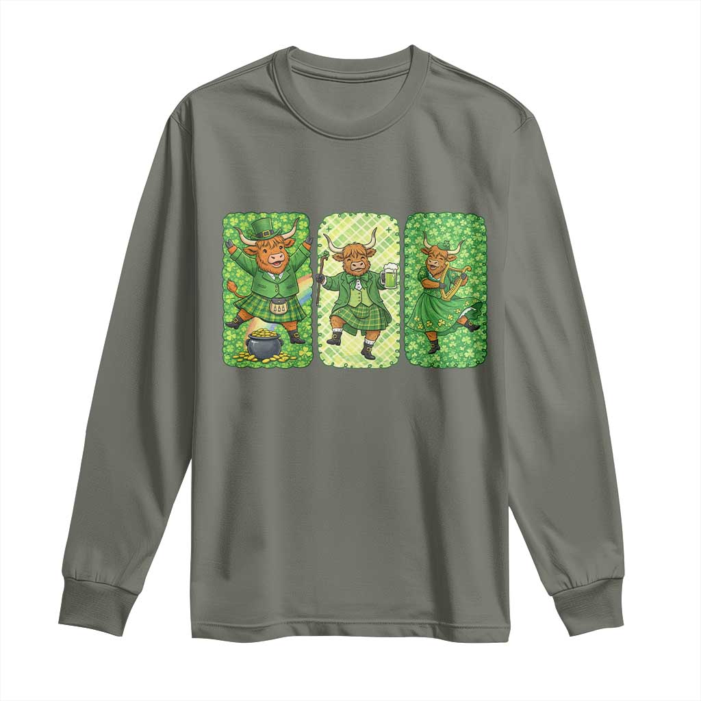 Vintage Highland Cow St Patricks Day Long Sleeve Shirt Farm Lover Gift TS12 Military Green Print Your Wear