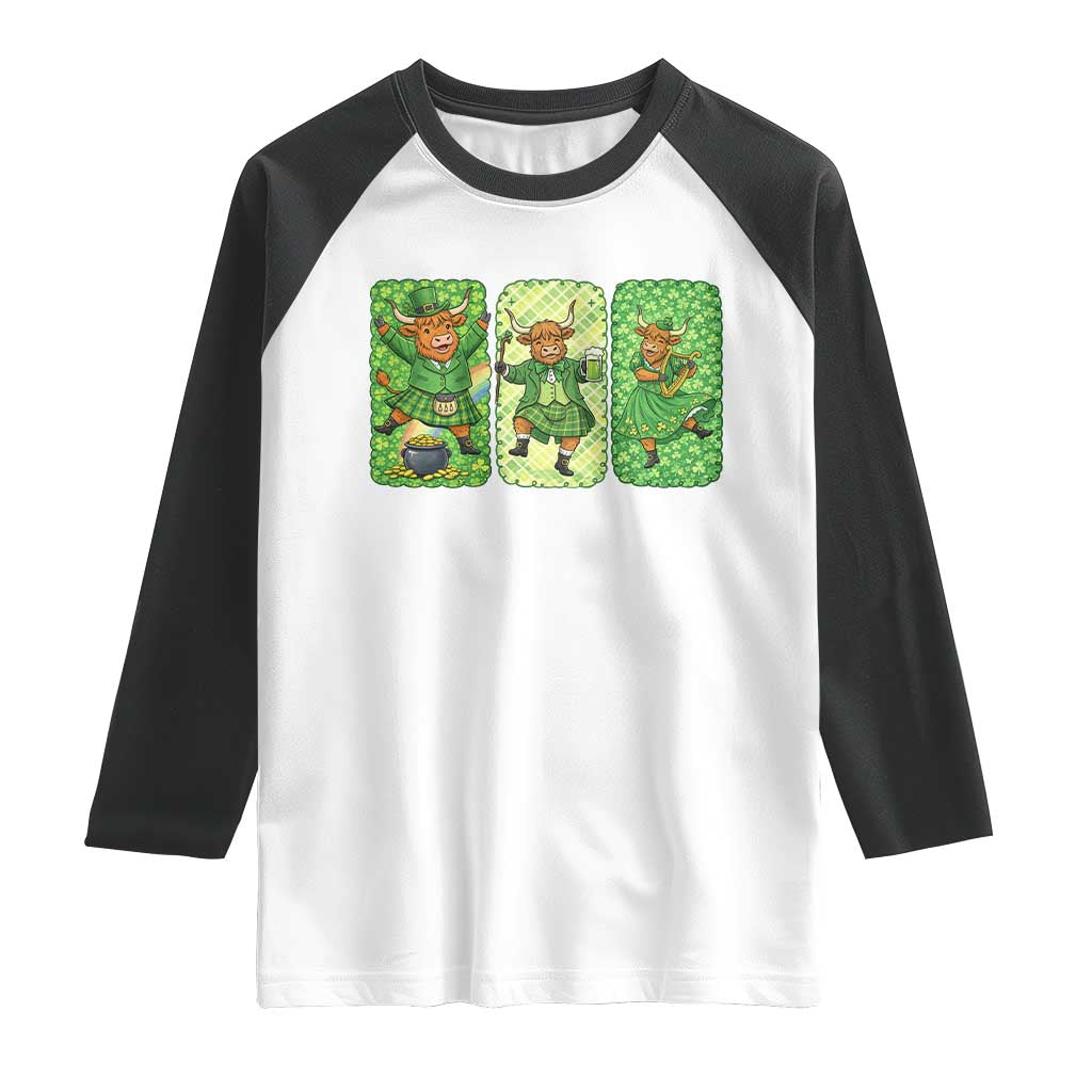 Vintage Highland Cow St Patricks Day Raglan Shirt Farm Lover Gift TS12 White Black Print Your Wear
