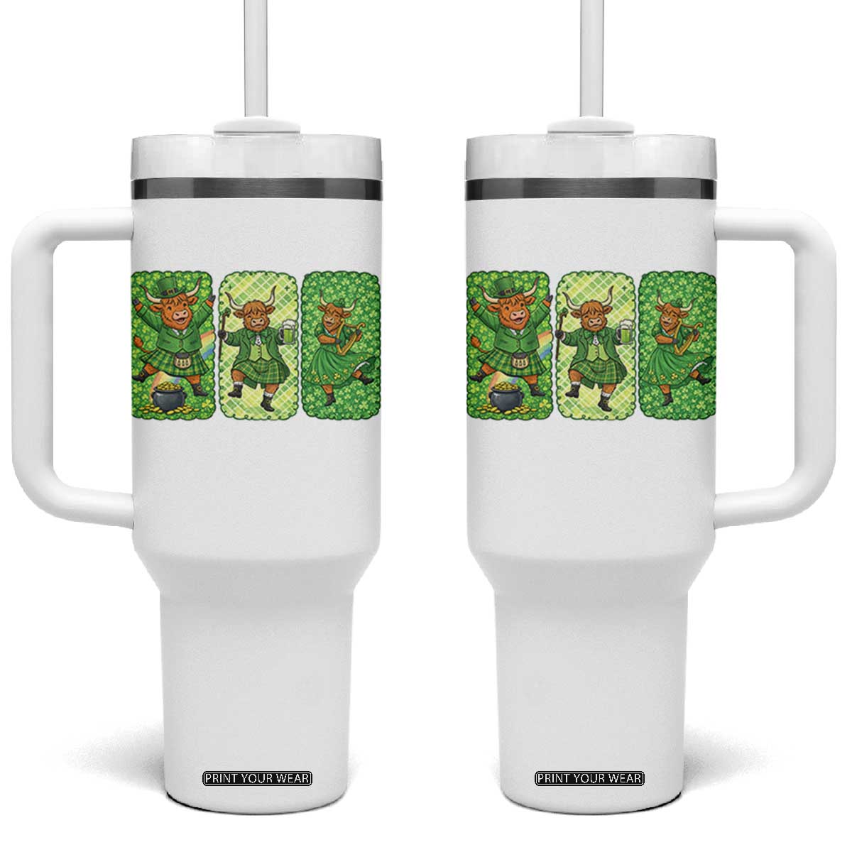 Vintage Highland Cow St Patricks Day Tumbler With Handle Farm Lover Gift TS12 One Size: 40 oz White Print Your Wear