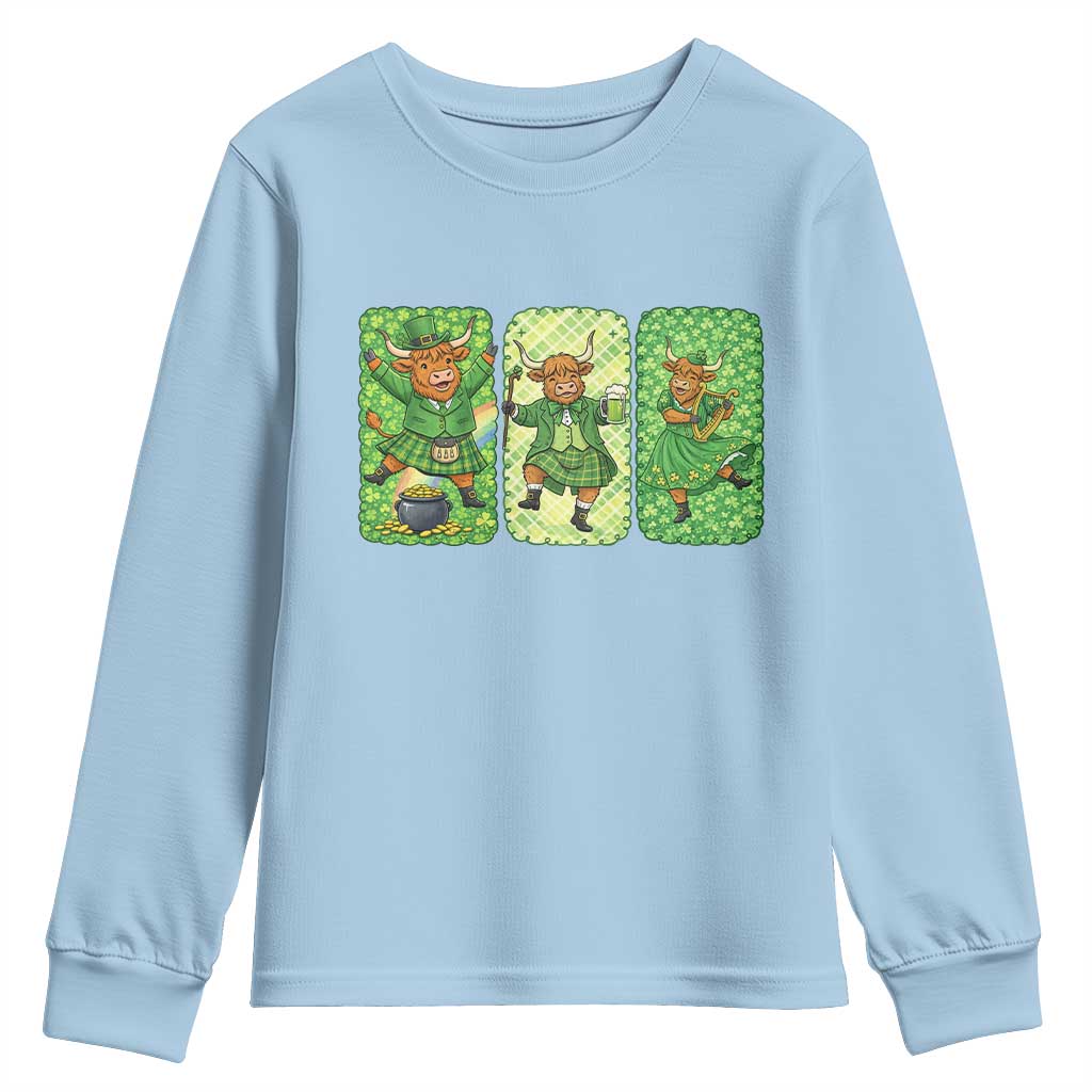 Vintage Highland Cow St Patricks Day Youth Sweatshirt Farm Lover Gift TS12 Light Blue Print Your Wear