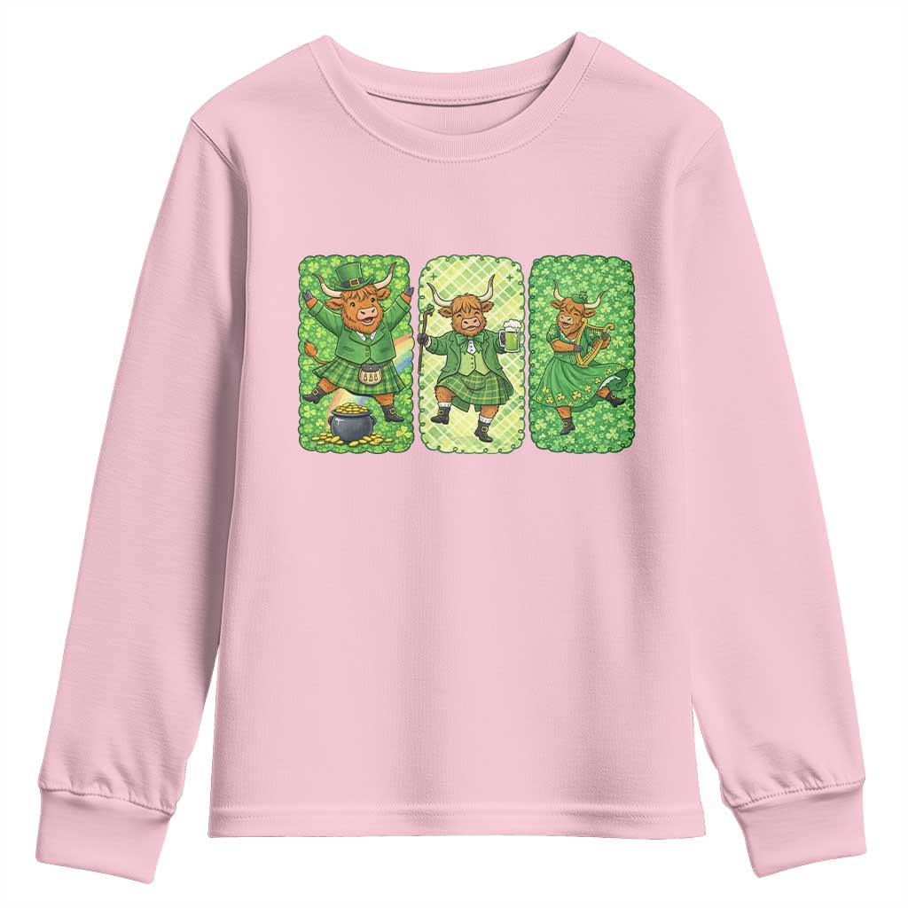 Vintage Highland Cow St Patricks Day Youth Sweatshirt Farm Lover Gift TS12 Light Pink Print Your Wear