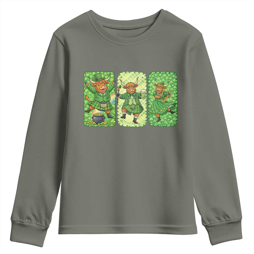 Vintage Highland Cow St Patricks Day Youth Sweatshirt Farm Lover Gift TS12 Military Green Print Your Wear