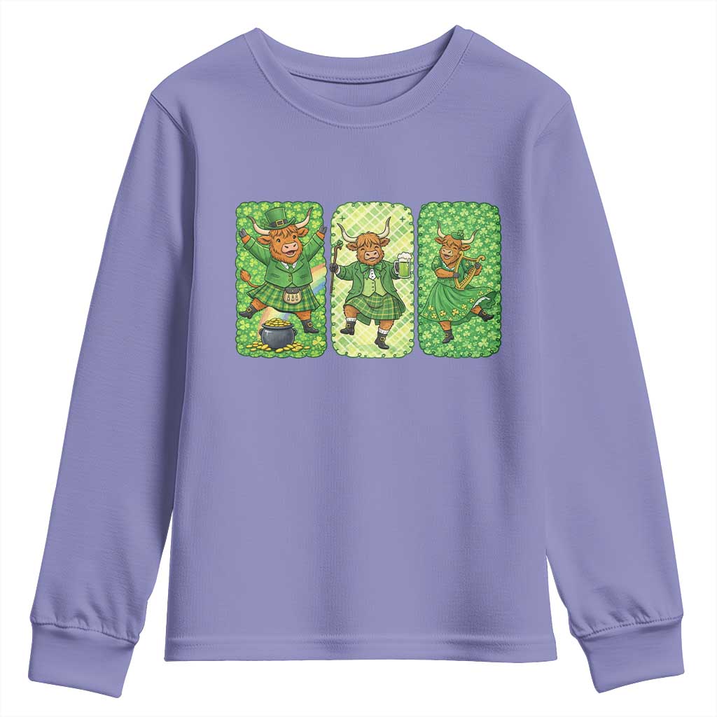 Vintage Highland Cow St Patricks Day Youth Sweatshirt Farm Lover Gift TS12 Violet Print Your Wear