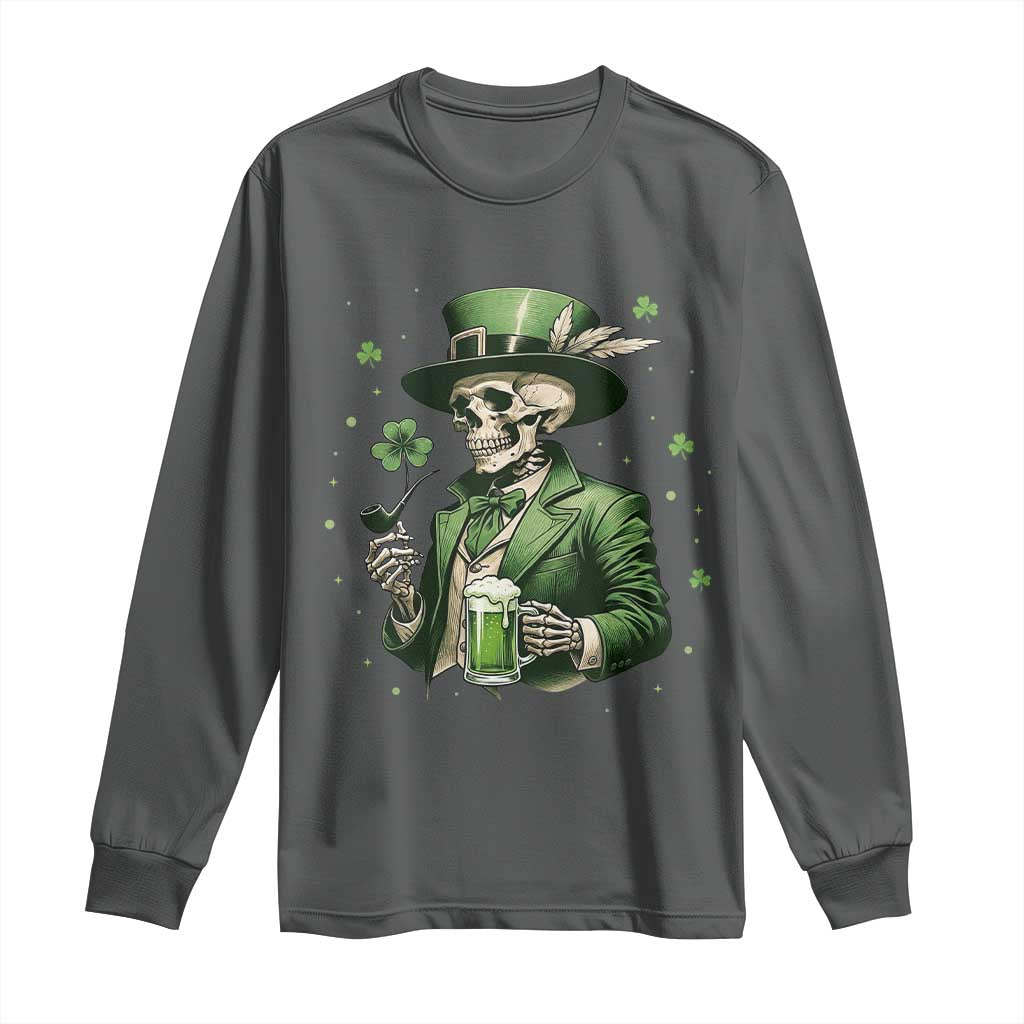 Skeleton St Patricks Day Drinking Long Sleeve Shirt Irish Party Gift TS12 Dark Heather Print Your Wear