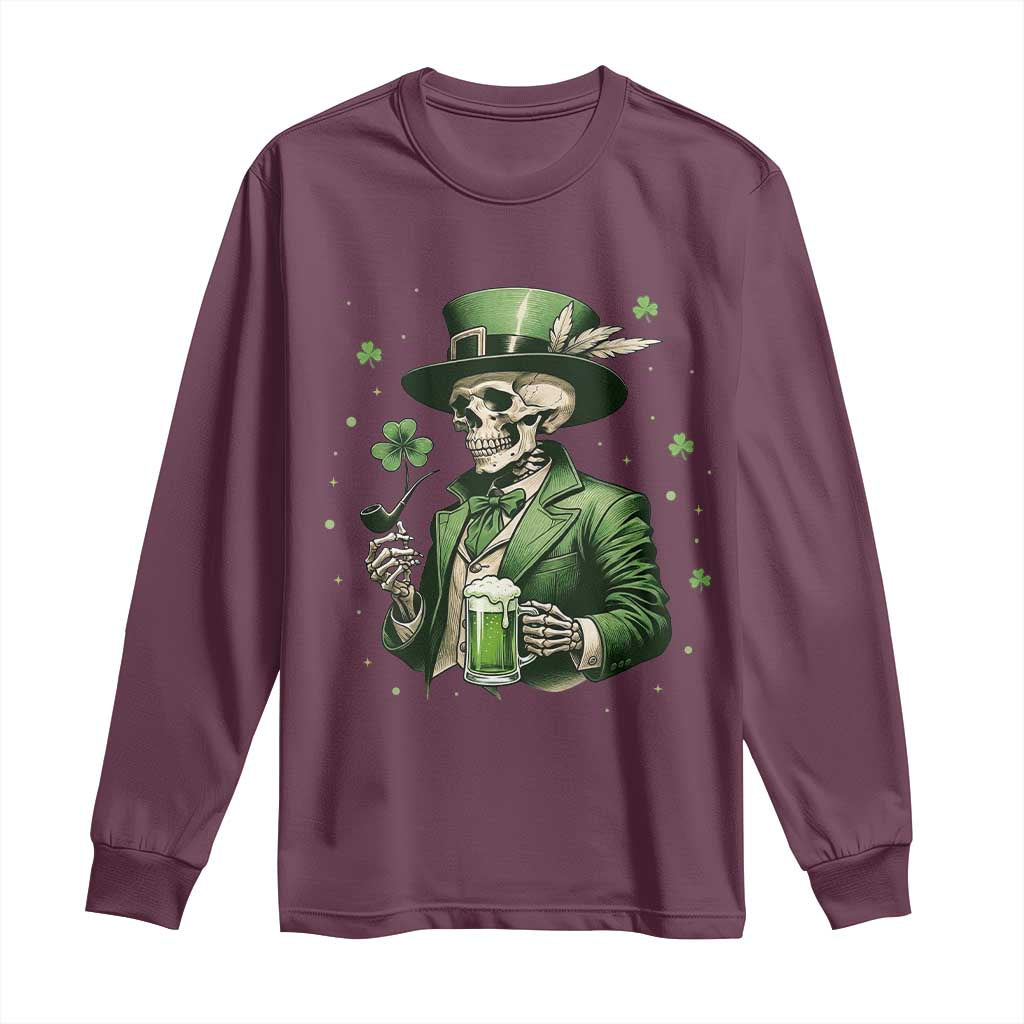 Skeleton St Patricks Day Drinking Long Sleeve Shirt Irish Party Gift TS12 Maroon Print Your Wear