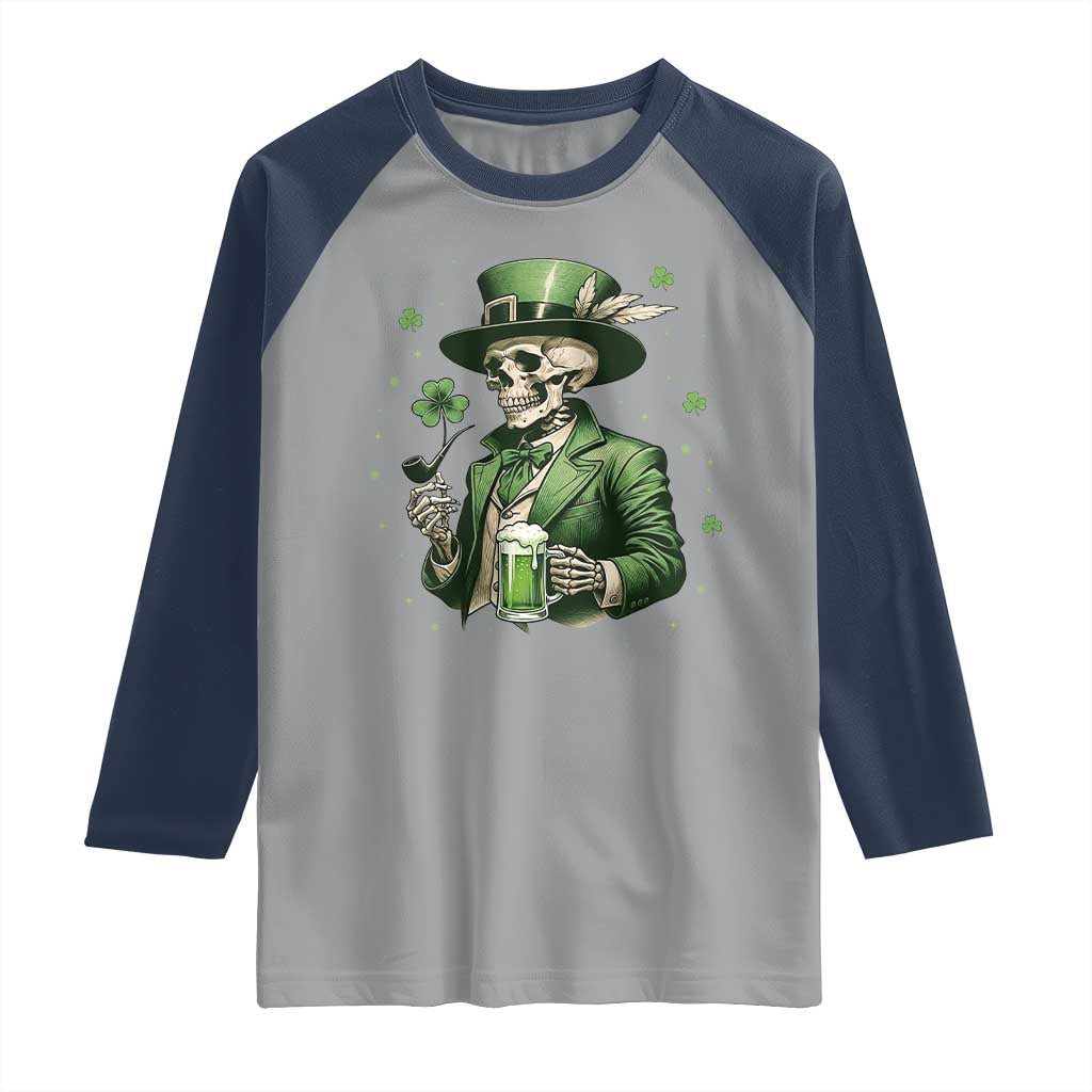 Skeleton St Patricks Day Drinking Raglan Shirt Irish Party Gift TS12 Sport Gray Navy Print Your Wear