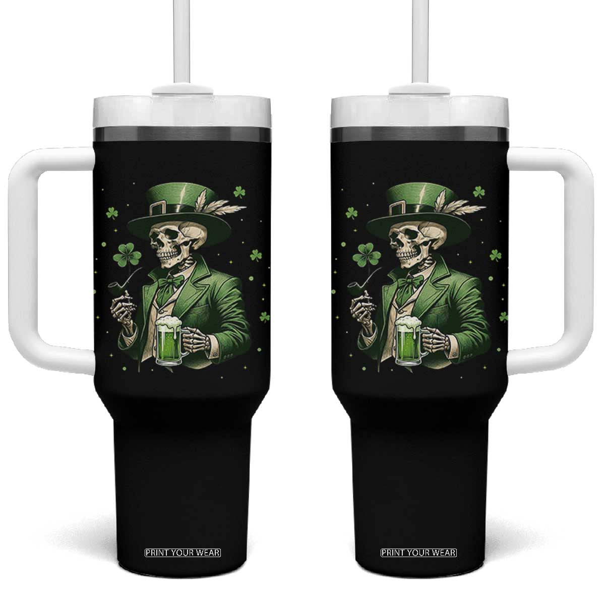 Skeleton St Patricks Day Drinking Tumbler With Handle Irish Party Gift TS12 One Size: 40 oz Black Print Your Wear