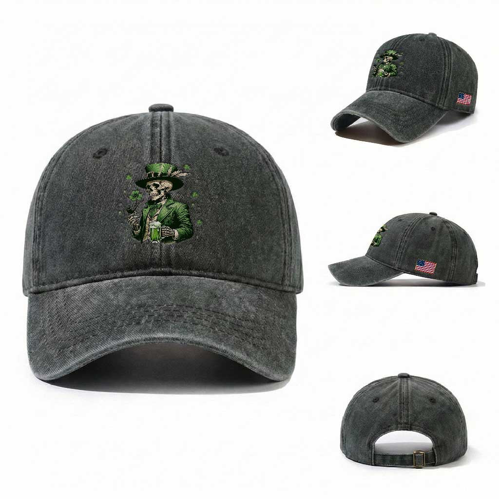 Skeleton St Patricks Day Drinking Washed Cotton Baseball Cap Irish Party Gift TS12 Washed Cap Universal Fit Dark Green Print Your Wear