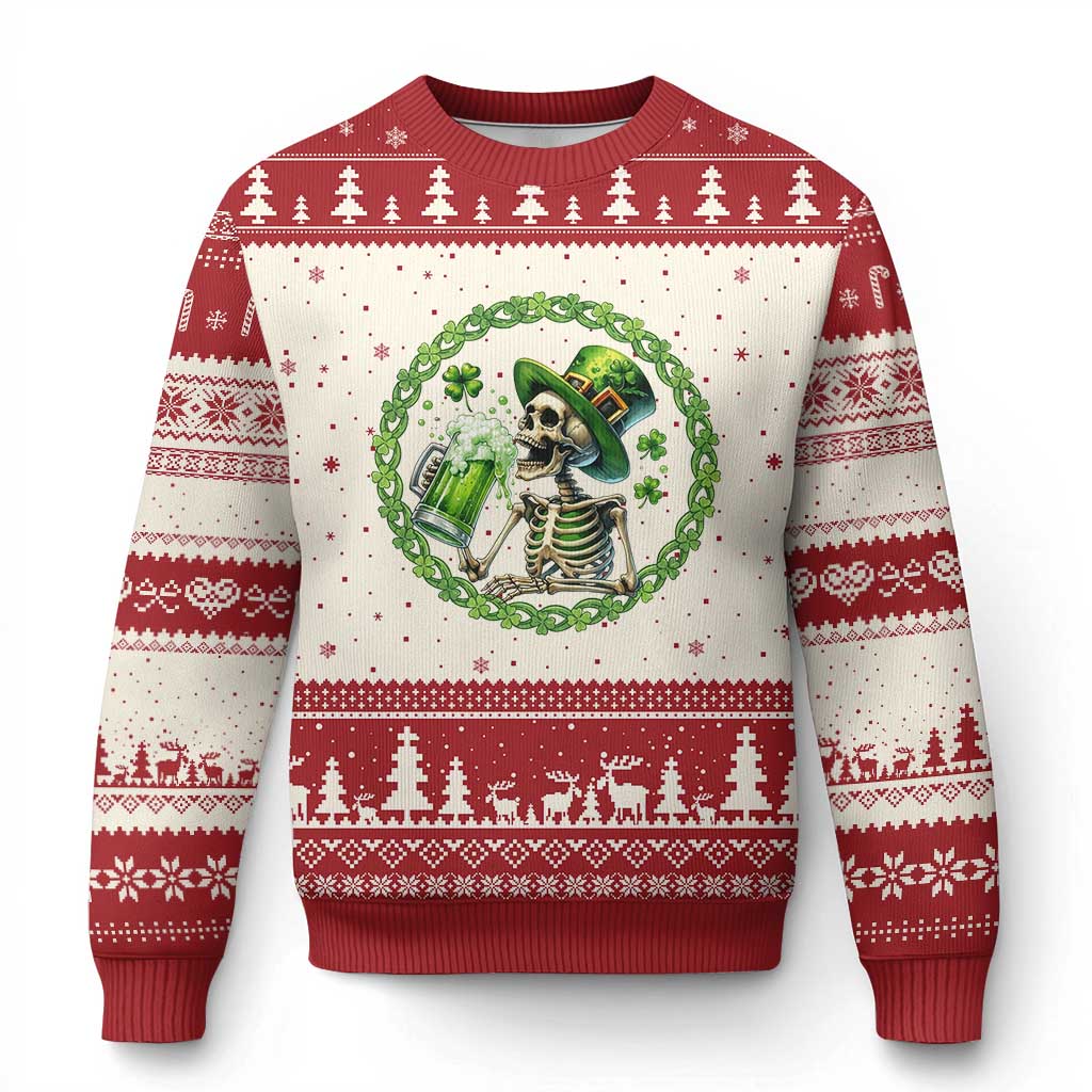Lucky Irish Skeleton St Patricks Day Ugly Christmas Sweater Beer Lover TS12 Beige Red Print Your Wear