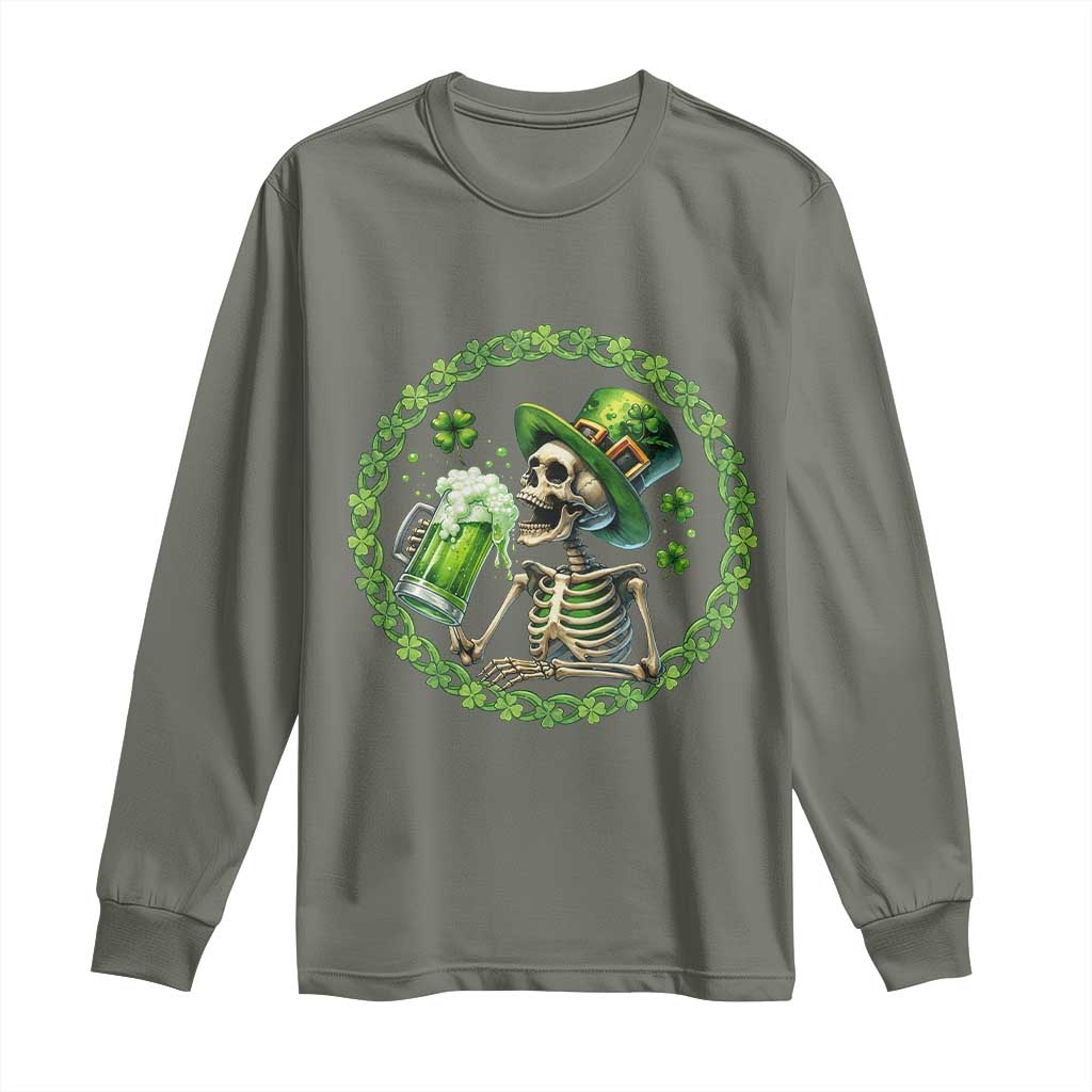 Lucky Irish Skeleton St Patricks Day Long Sleeve Shirt Beer Lover TS12 Military Green Print Your Wear
