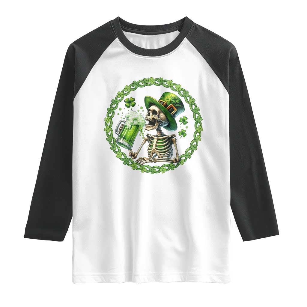 Lucky Irish Skeleton St Patricks Day Raglan Shirt Beer Lover TS12 White Black Print Your Wear