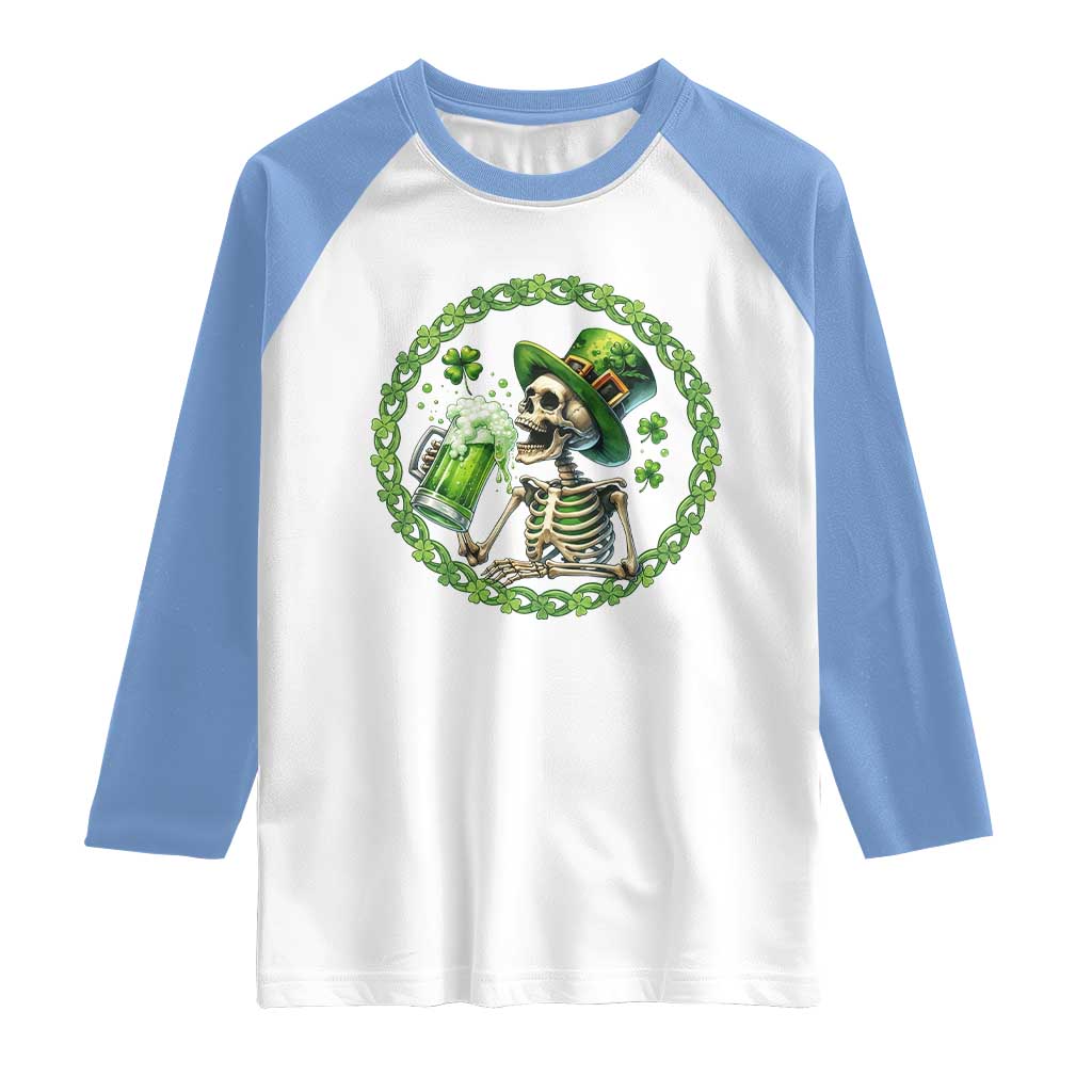 Lucky Irish Skeleton St Patricks Day Raglan Shirt Beer Lover TS12 White Carolina Blue Print Your Wear