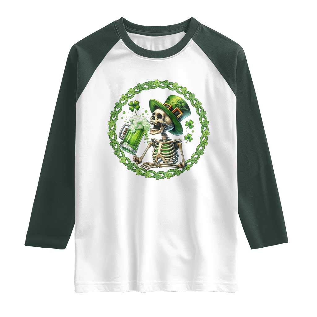Lucky Irish Skeleton St Patricks Day Raglan Shirt Beer Lover TS12 White Dark Forest Green Print Your Wear