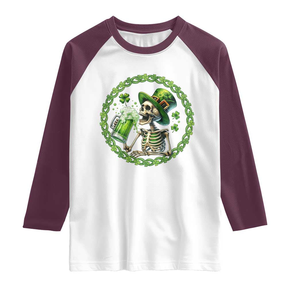 Lucky Irish Skeleton St Patricks Day Raglan Shirt Beer Lover TS12 White Maroon Print Your Wear