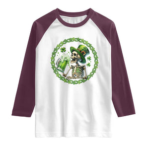 Lucky Irish Skeleton St Patricks Day Raglan Shirt Beer Lover TS12 White Maroon Print Your Wear