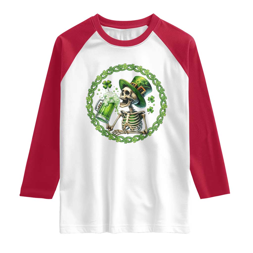 Lucky Irish Skeleton St Patricks Day Raglan Shirt Beer Lover TS12 White Red Print Your Wear
