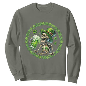 Lucky Irish Skeleton St Patricks Day Sweatshirt Beer Lover TS12 Military Green Print Your Wear