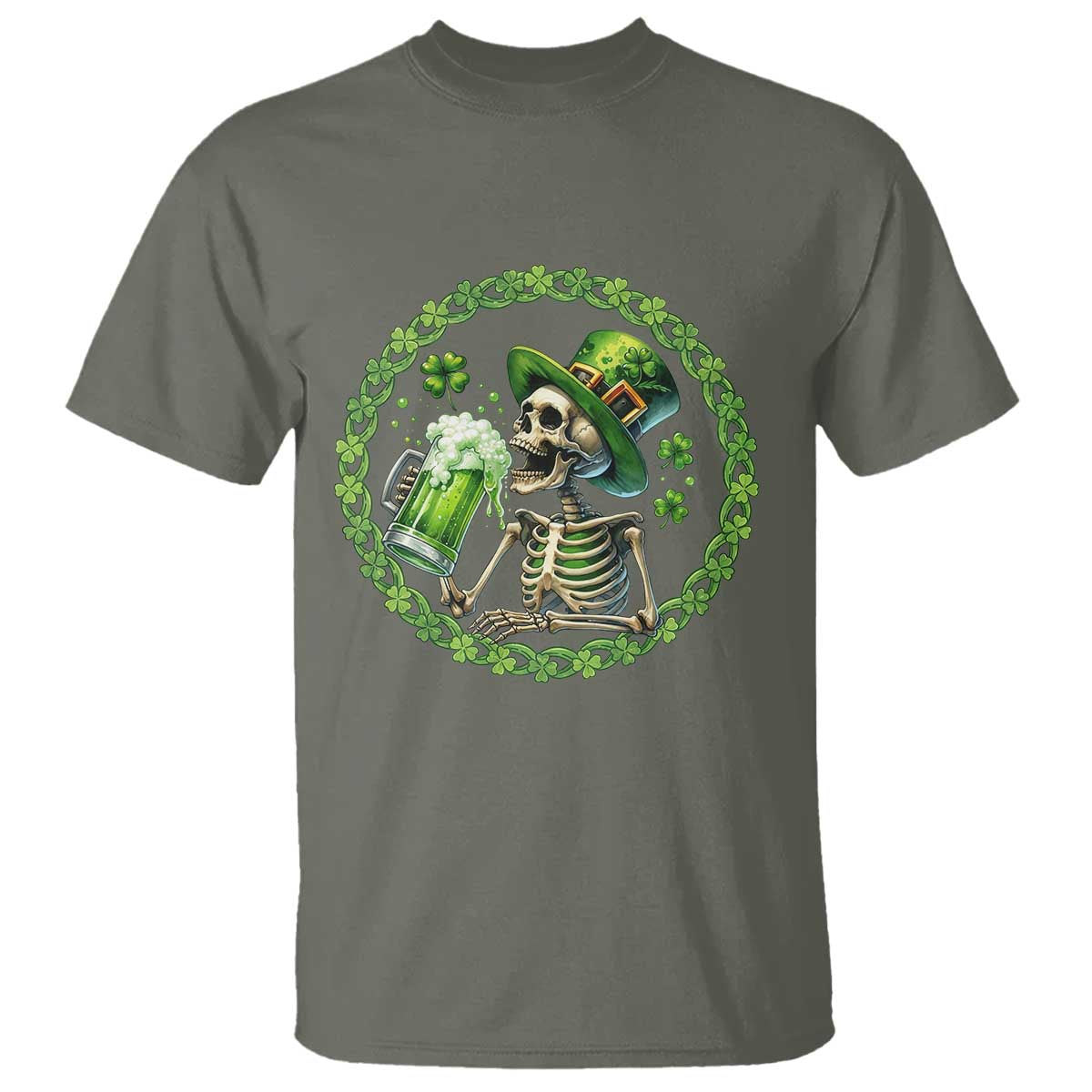 Lucky Irish Skeleton St Patricks Day T Shirt Beer Lover TS12 Military Green Print Your Wear