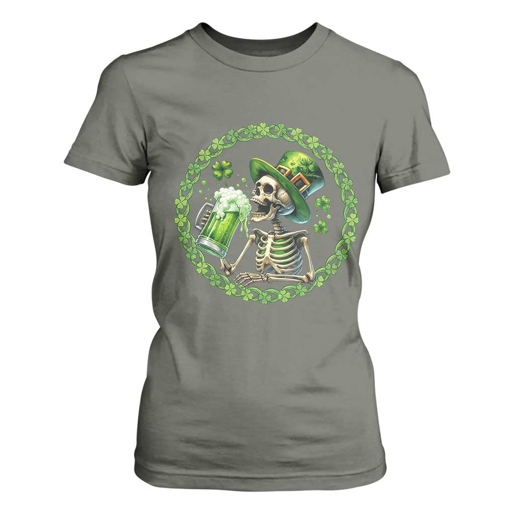 Lucky Irish Skeleton St Patricks Day T Shirt For Women Beer Lover TS12 Military Green Print Your Wear