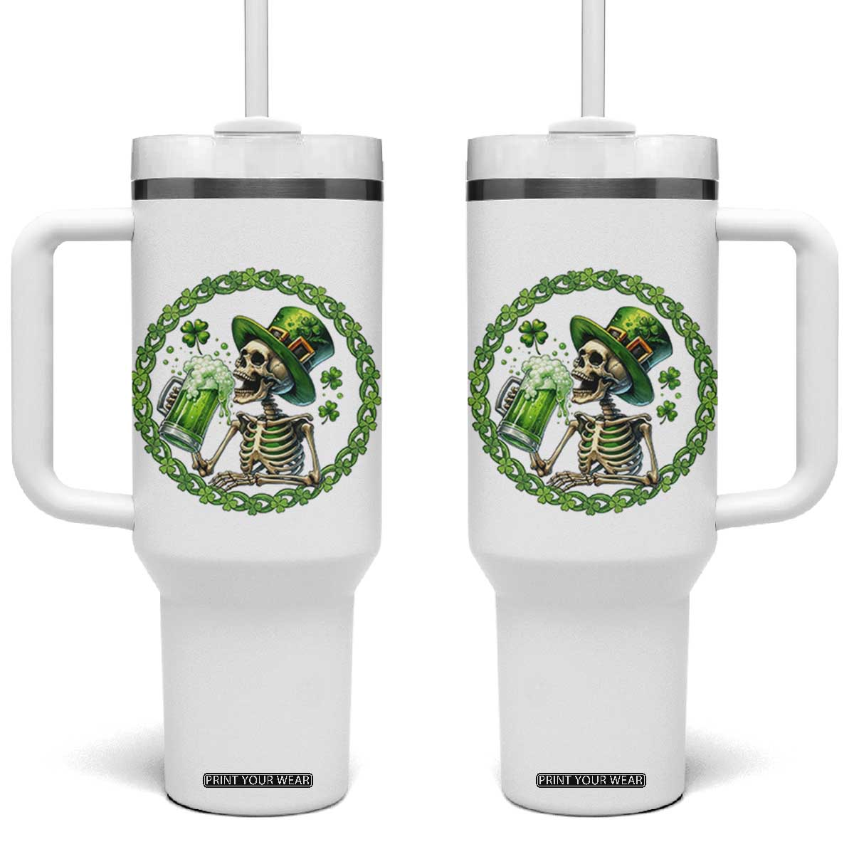 Lucky Irish Skeleton St Patricks Day Tumbler With Handle Beer Lover TS12 One Size: 40 oz White Print Your Wear