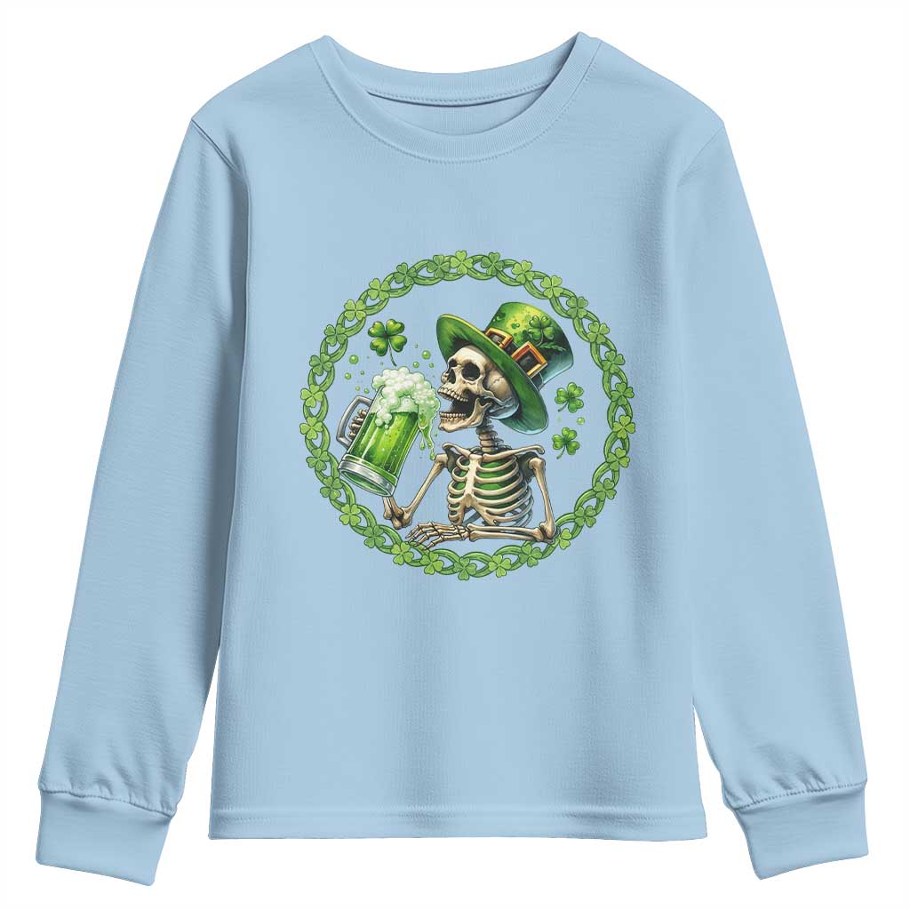 Lucky Irish Skeleton St Patricks Day Youth Sweatshirt Beer Lover TS12 Light Blue Print Your Wear