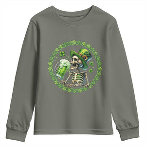 Lucky Irish Skeleton St Patricks Day Youth Sweatshirt Beer Lover TS12 Military Green Print Your Wear