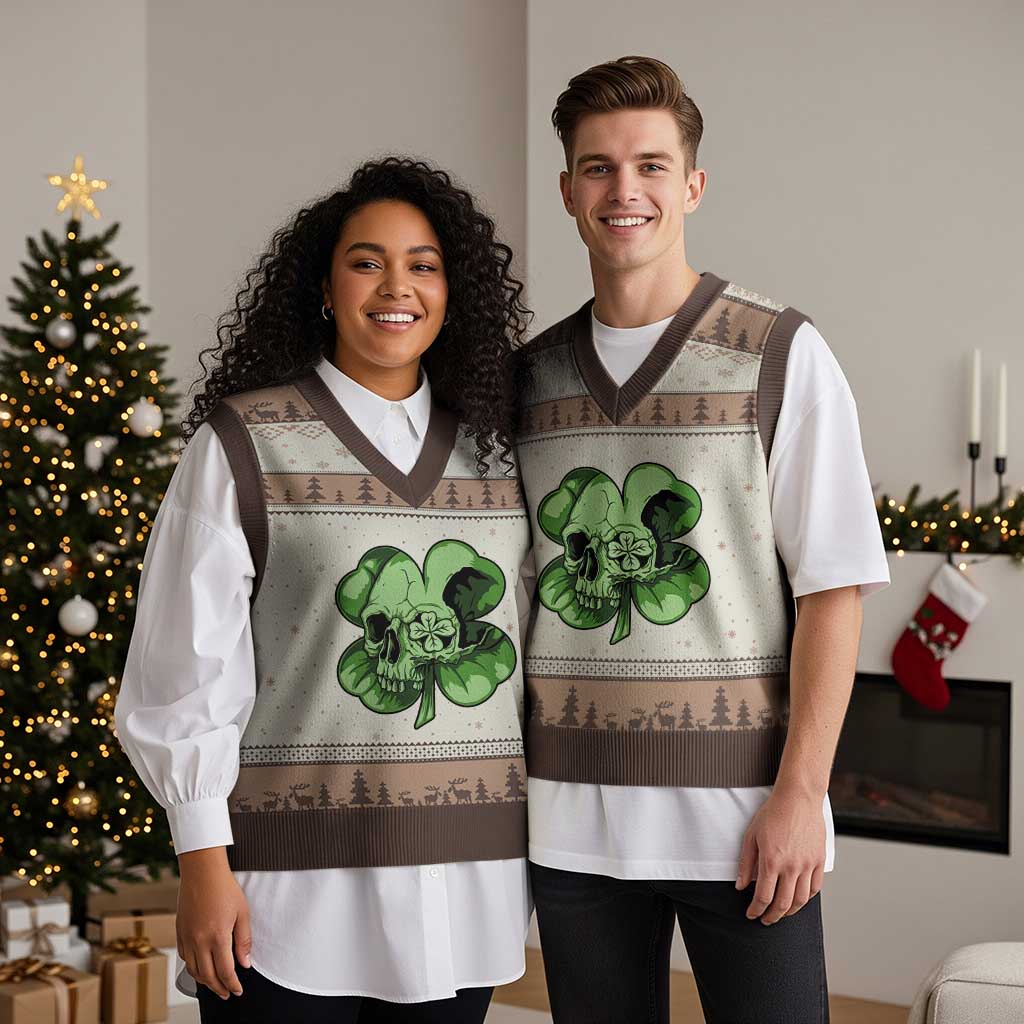 St Patricks Day Lucky Shamrock Skull Gift V-Neck Knit Sweater Vest TS12 Mocha Mousse Print Your Wear