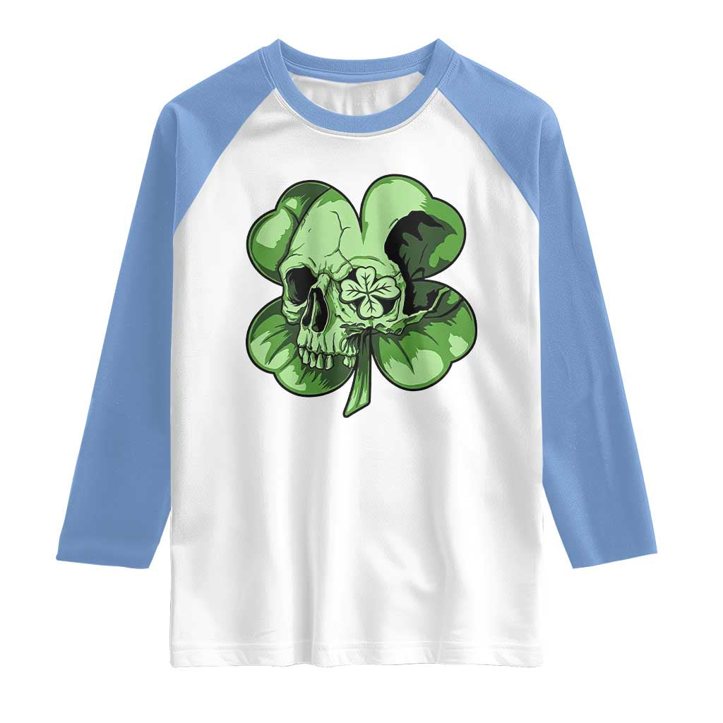 St Patricks Day Lucky Shamrock Skull Gift Raglan Shirt TS12 White Carolina Blue Print Your Wear