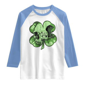St Patricks Day Lucky Shamrock Skull Gift Raglan Shirt TS12 White Carolina Blue Print Your Wear