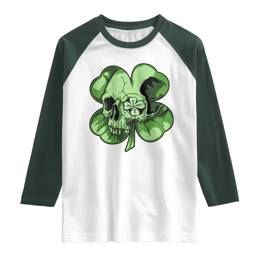 St Patricks Day Lucky Shamrock Skull Gift Raglan Shirt TS12 White Dark Forest Green Print Your Wear