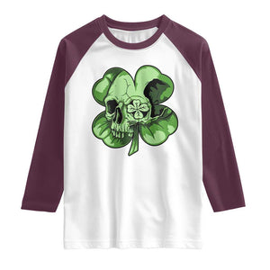St Patricks Day Lucky Shamrock Skull Gift Raglan Shirt TS12 White Maroon Print Your Wear
