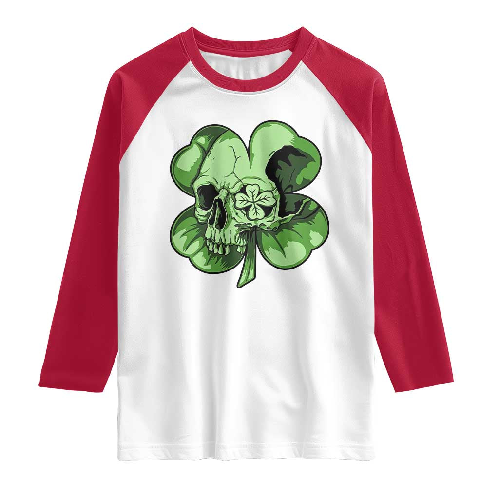 St Patricks Day Lucky Shamrock Skull Gift Raglan Shirt TS12 White Red Print Your Wear