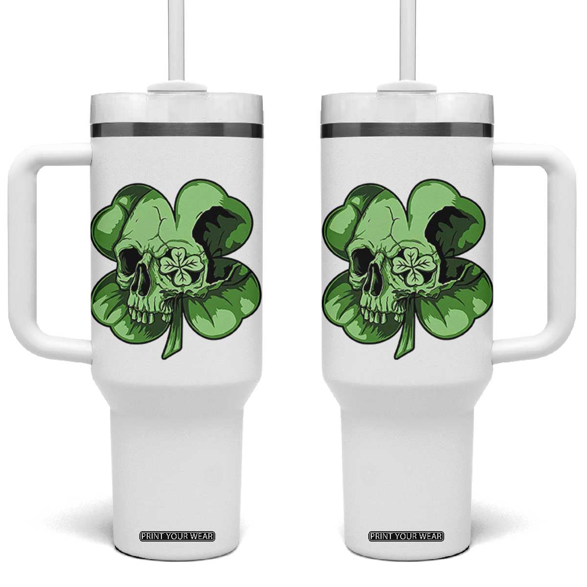 St Patricks Day Lucky Shamrock Skull Gift Tumbler With Handle TS12 One Size: 40 oz White Print Your Wear