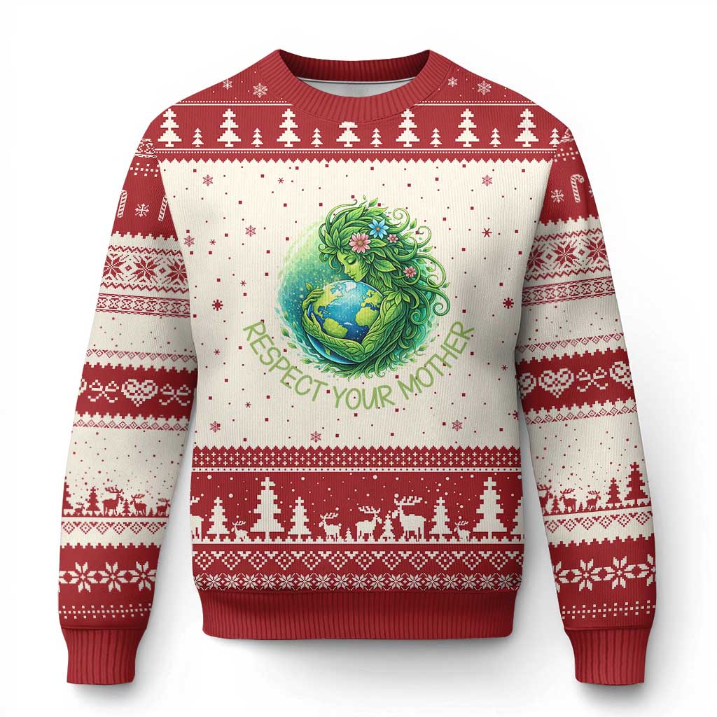 Respect Your Mother Ugly Christmas Sweater Earth Mother Hugging Planet TS12 Beige Red Print Your Wear
