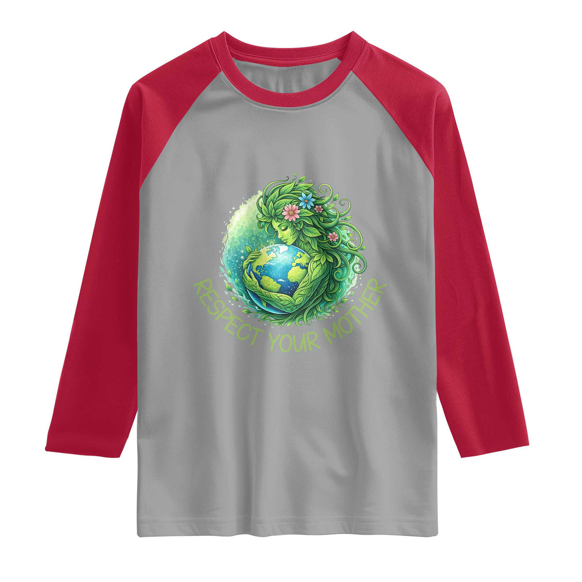 Respect Your Mother Raglan Shirt Earth Mother Hugging Planet TS12 Sport Gray Red Print Your Wear