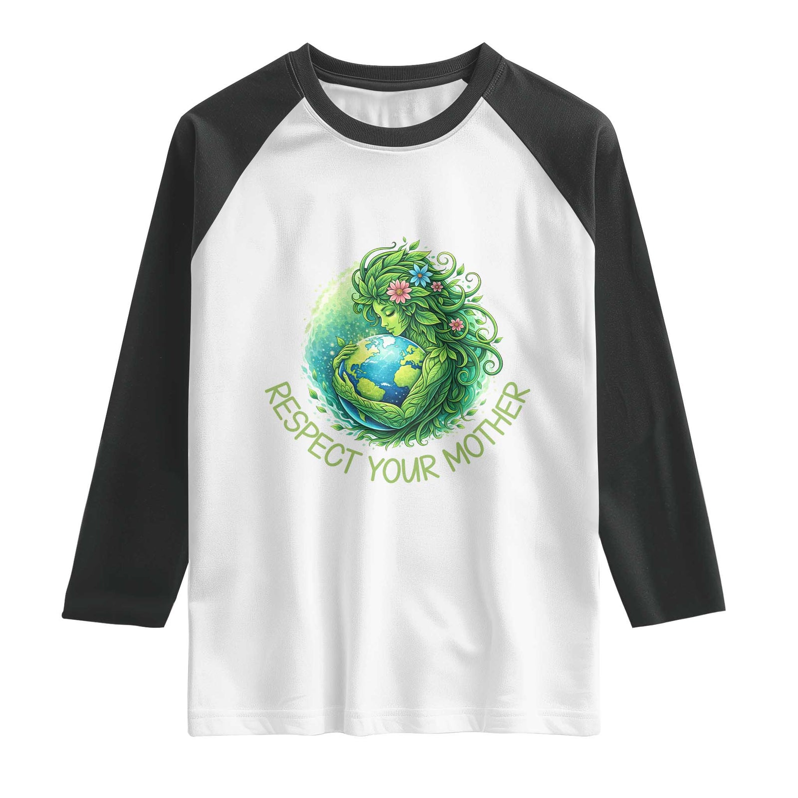 Respect Your Mother Raglan Shirt Earth Mother Hugging Planet TS12 White Black Print Your Wear